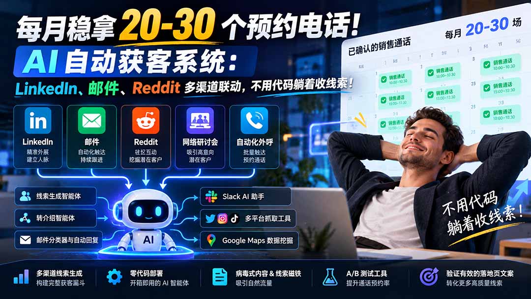 每月稳拿 20-30 个预约电话！AI 自动获客系统：LinkedIn、邮件、Reddit 多渠道联动，不用代码躺着收线索！-梦清研习社