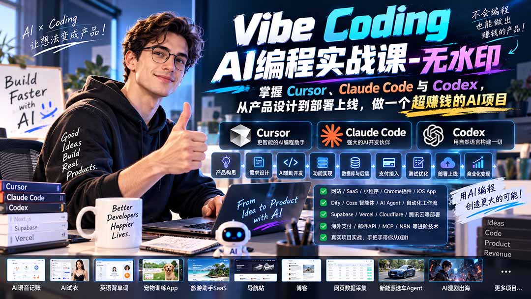 Vibe Coding AI编程实战课-无水印：掌握Cursor、Claude Code与Codex，从产品设计到部署上线，做一个超赚钱的AI项目-梦清研习社