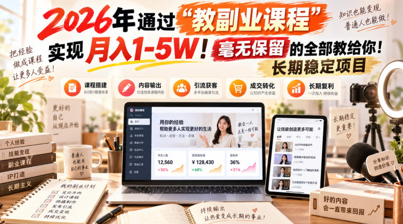 2026年通过“教副业课程”实现月入1-5W！毫无保留的全部教给你！长期稳定项目-梦清研习社
