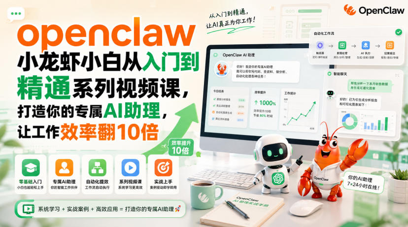 openclaw小龙虾小白从入门到精通系列视频课,打造你的专属AI助理,让工作效率翻10倍-梦清研习社