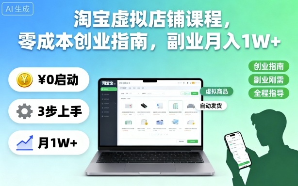 淘宝虚拟店铺课程，零成本创业指南，副业月入1W+-梦清研习社