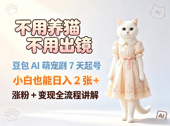 不用养猫不用出镜，豆包AI萌宠剧7天起号，小白也能日入2张+，涨粉+变现全流程讲解-梦清研习社