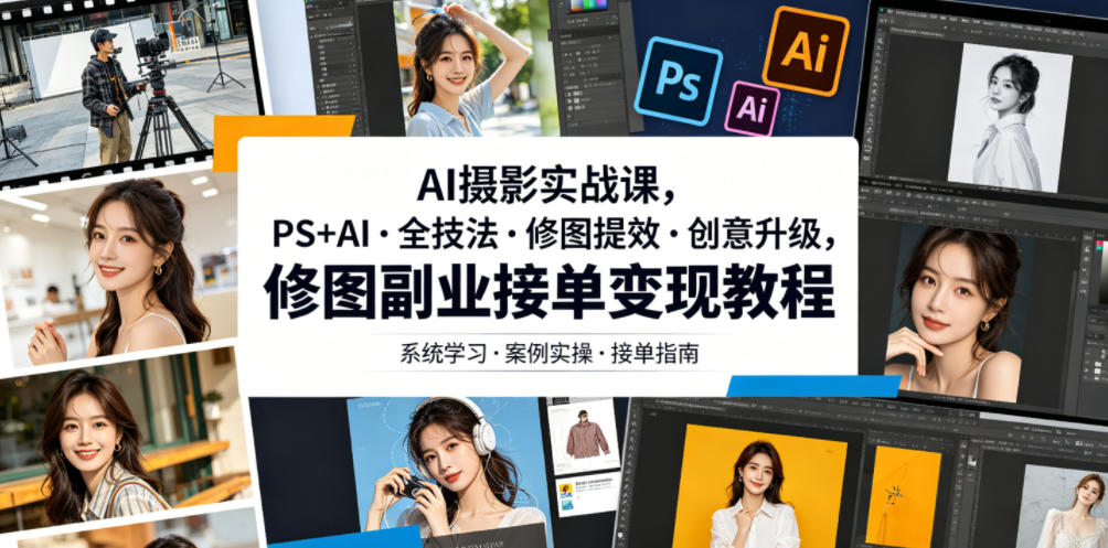 AI摄影实战课，PS+AI・全技法・修图提效・创意升级，修图副业接单变现教程-梦清研习社