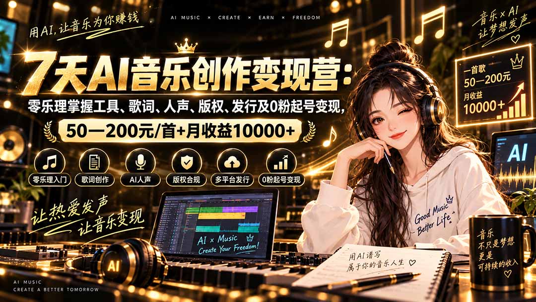 AI音乐创作变现营：零乐理掌握工具、歌词、人声、版权、发行及0粉起号变现，50—200元/首+月收益10000+-梦清研习社