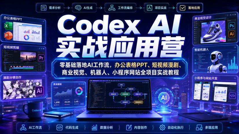 Codex AI实战应用营｜零基础落地AI工作流，办公表格PPT、短视频漫剧、商业视觉、机器人、小程序网站全项目实战教程-梦清研习社