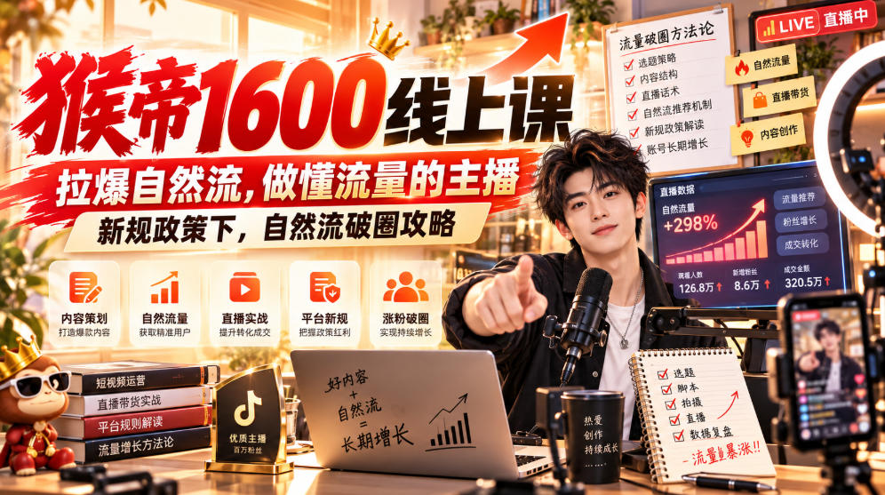 猴帝1600线上课，拉爆自然流，做懂流量的主播，新规政策下，自然流破圈攻略【更新261002】-梦清研习社