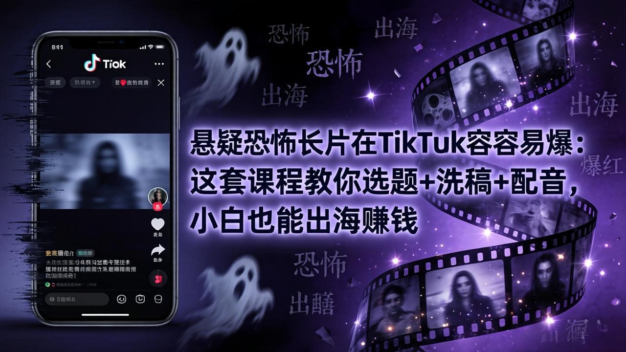 悬疑恐怖长片在TikTok最容易爆：这套课程教你选题+洗稿+配音，小白也能出海赚钱-梦清研习社