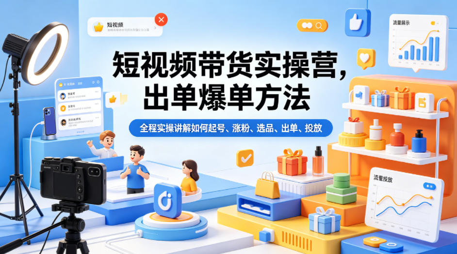 短视频带货实操营，出单爆单方法，全程实操讲解如何起号、涨粉、选品、出单、投放(更新0515)-梦清研习社