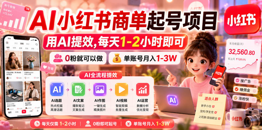 AI小红书商单起号项目，用AI提效,每天1-2小时即可，0粉就可以做，单账号月入1-3W-梦清研习社