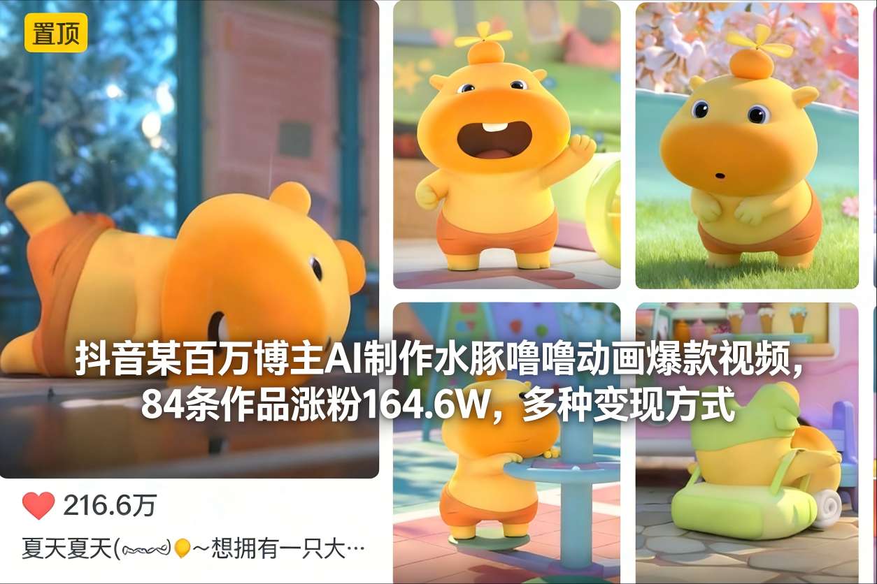 抖音某百万博主AI制作水豚噜噜动画爆款视频，84条作品涨粉164.6W，多种变现方式-梦清研习社