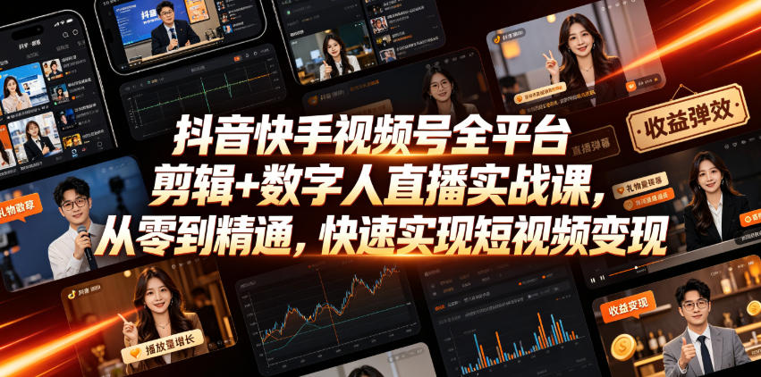 抖音快手视频号全平台剪辑+数字人直播实战课，从零到精通，快速实现短视频变现(更新2026年6月)​-梦清研习社