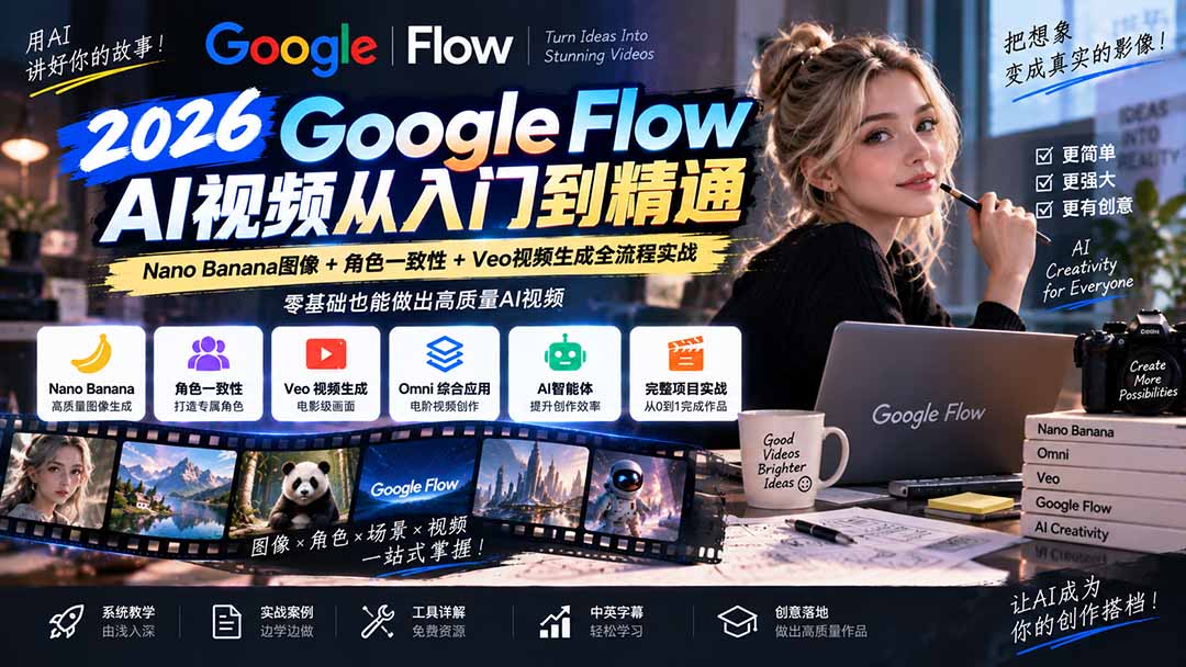 【无水印】Google Flow AI视频从入门到精通：Nano Banana图像+角色一致性+Veo视频生成全流程实战-精翻中英字幕-梦清研习社