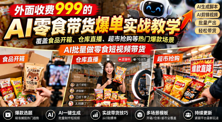 外面收费999的AI零食带货爆单实战教学，覆盖食品开箱、仓库直播、超市抢购等热门爆款场景，AI批量做零食短视频带货-梦清研习社