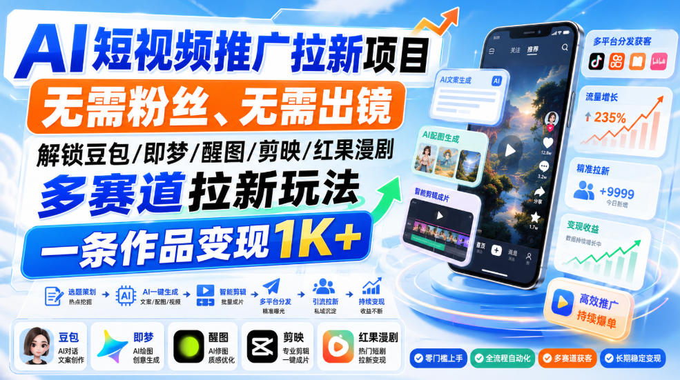 AI短视频推广拉新项目，无需粉丝、无需出镜，解锁豆包/即梦/醒图/剪映/红果漫剧多赛道拉新玩法，一条作品变现1K+-梦清研习社