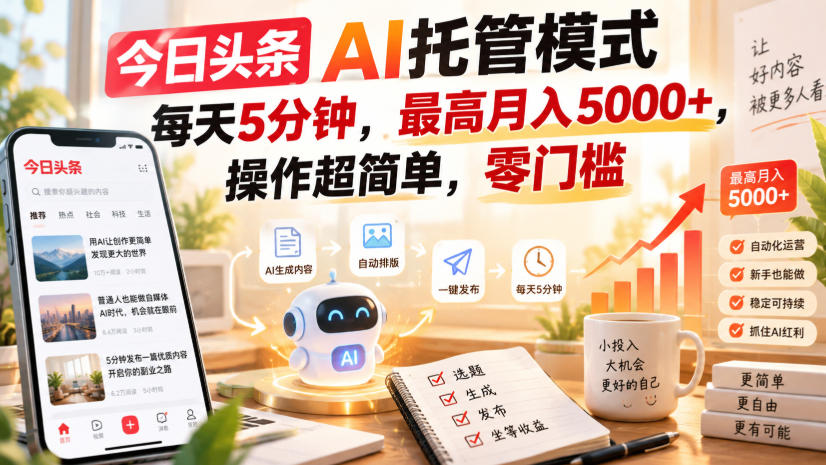 今日头条AI托管模式，每天5分钟，最高月入5000+，操作超简单，零门槛【揭秘】-梦清研习社