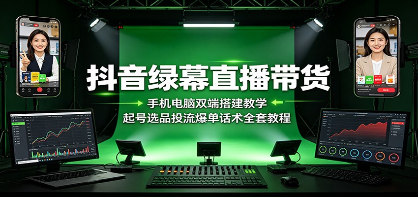 抖音绿幕直播带货：手机电脑双端搭建教学，起号选品投流爆单话术全套教程-梦清研习社