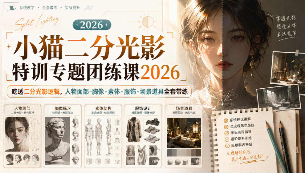 小猫二分光影特训专题团练课2026｜吃透二分光影逻辑，人物面部‑胸像‑素体‑服饰‑场景道具全套带练，高清画质附赠课件与笔刷-梦清研习社