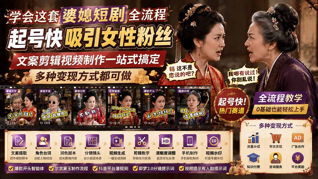 学会这套婆媳短剧全流程:起号快吸引女性粉丝,文案剪辑视频制作一站式搞定,多种变现方式都可做-梦清研习社