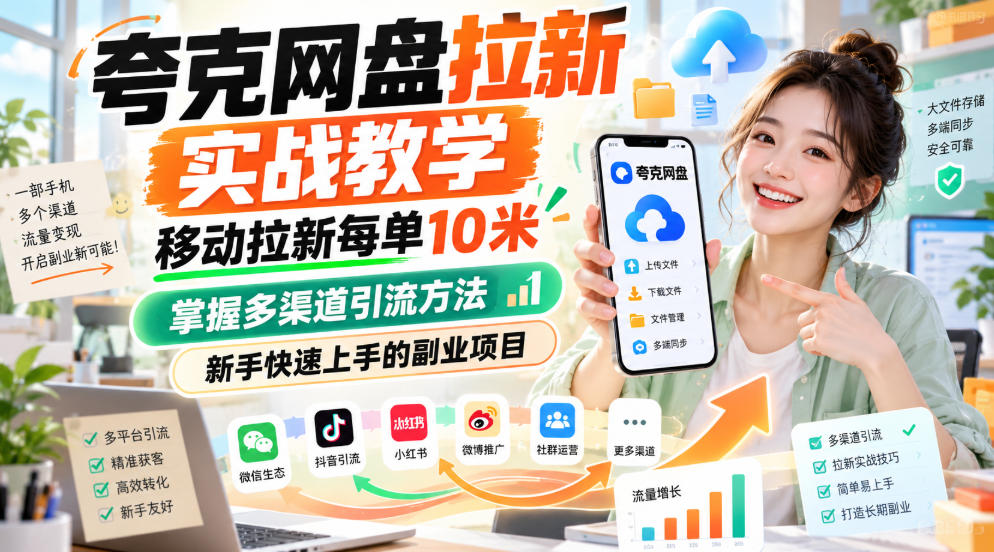 夸克网盘拉新实战教学，移动拉新每单10米，掌握多渠道引流方法，新手快速上手的副业项目-梦清研习社