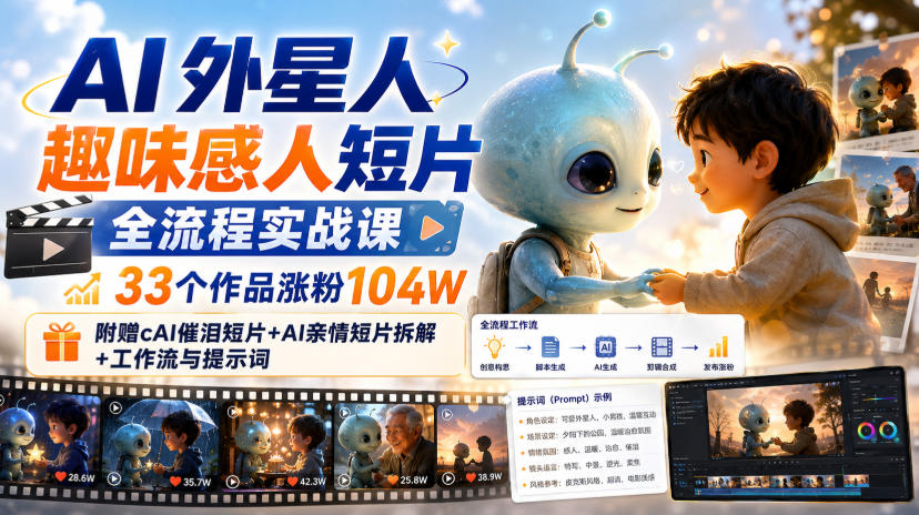AI外星人趣味感人短片全流程实战课,33个作品涨粉104W,附赠AI催泪短片+AI亲情短片拆解+工作流与提示词-梦清研习社