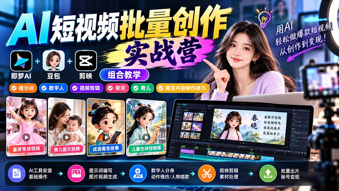 【无水印】AI短视频批量创作实战营：即梦+豆包+剪映组合教学，提示词/数字人/视频剪辑/带货/育儿/寓言内容制作技巧-梦清研习社
