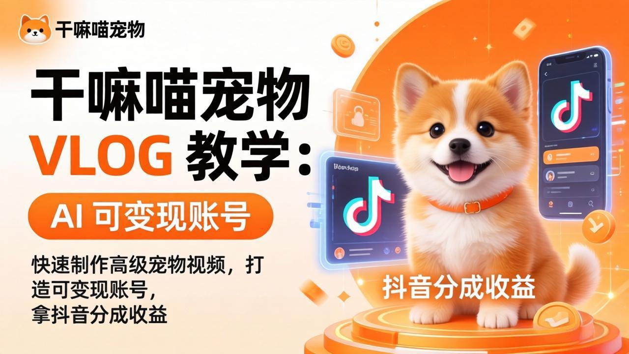 干嘛喵宠物 VLOG 教学:AI 快速制作高级宠物视频,打造可变现账号,拿抖音分成收益-梦清研习社