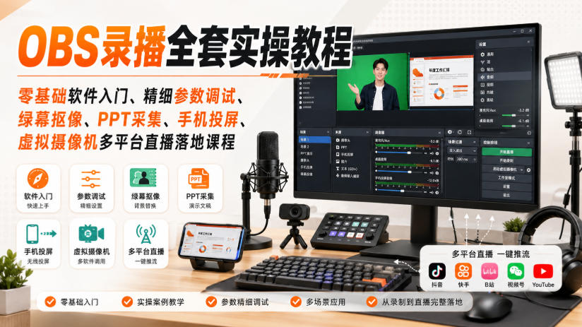 OBS录播全套实操教程｜零基础软件入门、精细参数调试、绿幕抠像、手机投屏、虚拟摄像机多平台直播落地课程-梦清研习社