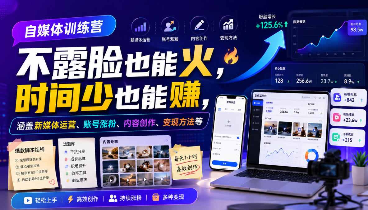 自媒体训练营，不露脸也能火，时间少也能賺，涵盖新媒体运营、账号涨粉、内容创作、变现方法等-梦清研习社