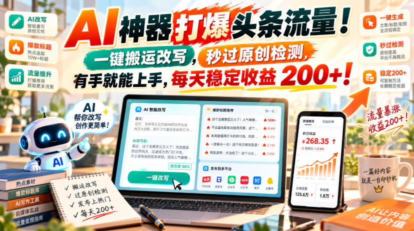 AI神器打爆头条流量，一键搬运改写，秒过原创检测，有手就能上手，每天稳定收益200+！【揭秘】-梦清研习社
