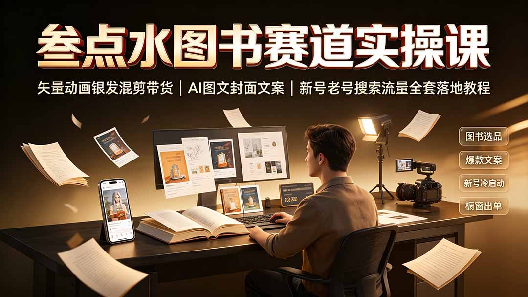 叁点水图书赛道实操课｜矢量动画银发混剪带货，AI图文封面文案，新号老号搜索流量全套落地教程-梦清研习社