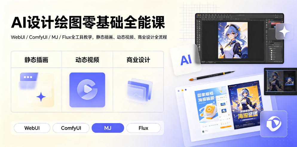 AI设计绘图零基础全能课｜WebUI/ComfyUI/MJ/Flux全工具教学，静态插画、动态视频、商业设计全流程-梦清研习社