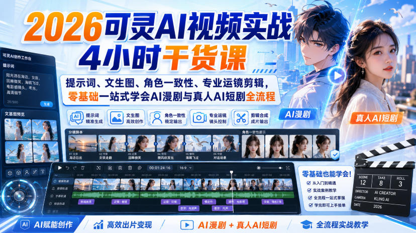 2026可灵AI视频实战4小时干货课｜提示词、文生图、角色一致性、专业运镜剪辑，零基础一站式学会AI漫剧与真人AI短剧全流程-梦清研习社