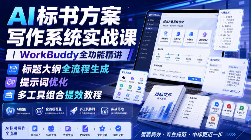 AI标书方案写作系统实战课｜WorkBuddy全功能精讲・标题大纲全流程生成・提示词优化・多工具组合提效教程-梦清研习社