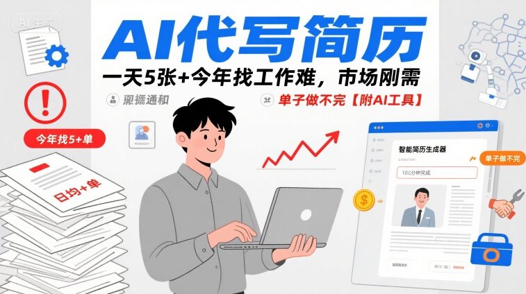 AI代写简历，一天5张+今年找工作难，市场刚需，单子做不完【附AI工具】-梦清研习社