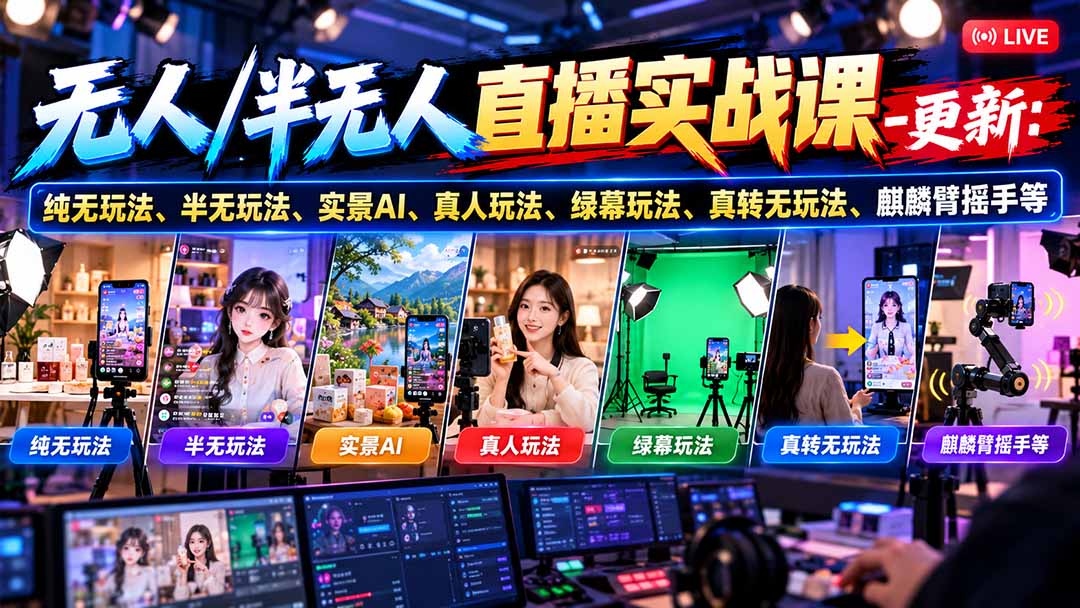 无人/半无人直播实战课-10月20更新：纯无玩法、半无玩法、实景AI、真人玩法、绿幕玩法、真转无玩法、麒麟臂摇手等-梦清研习社
