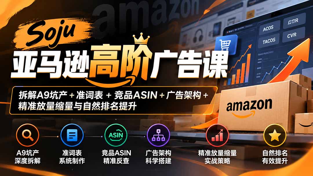 Soju亚马逊高阶广告课：拆解A9坑产+准词表+竞品ASIN+广告架构+精准放量缩量与自然排名提升-梦清研习社