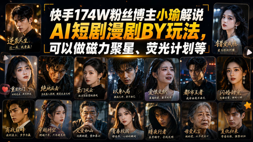 快手174W粉丝博主小瑜解说AI短剧漫剧搬运玩法，可以做磁力聚星、荧光计划等-梦清研习社