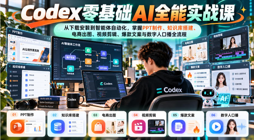 Codex零基础AI全能实战课：从下载安装到智能体自动化，掌握知识库搭建、电商出图、视频剪辑、爆款文案与数字人口播全流程-梦清研习社
