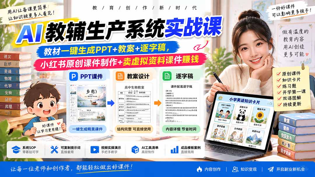 AI教辅生产系统实战课｜教材一键生成PPT+教案+逐字稿，小红书原创课件制作+卖虚拟资料课件赚钱-梦清研习社