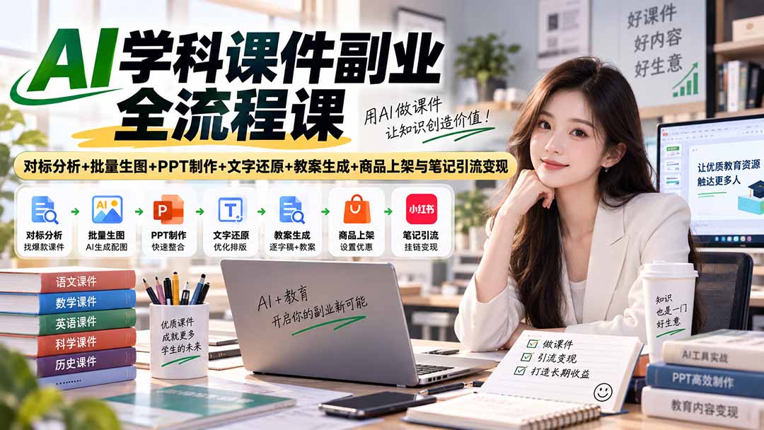 AI学科课件副业全流程课｜对标分析+批量生图+PPT制作+文字还原+教案生成+商品上架与笔记引流变现-梦清研习社