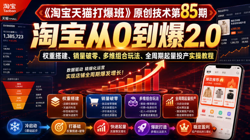 《淘宝天猫打爆班》原创技术第85期，淘宝从0到爆2.0，权重搭建、销量破零、多维组合玩法、全周期起量投产实操教程-梦清研习社