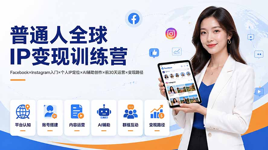 普通人全球IP变现训练营：Facebook×Instagram入门×个人IP定位×AI辅助创作×前30天运营×变现路径-梦清研习社