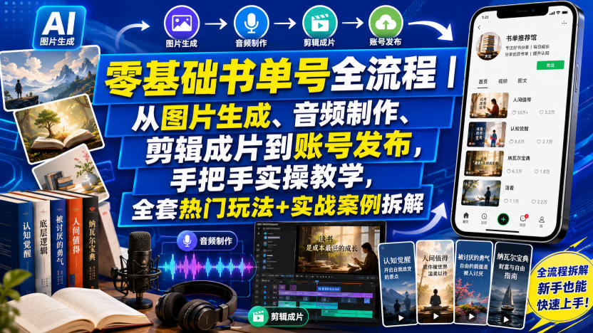 零基础书单号全流程｜从图片生成、音频制作、剪辑成片到账号发布，手把手实操教学，全套热门玩法+实战案例拆解-梦清研习社