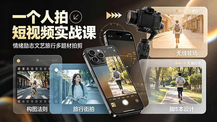 一个人拍短视频实战课：情绪励志文艺旅行多题材×五大景别×黄金构图×八大运镜，从拍摄到成片高效创作-梦清研习社