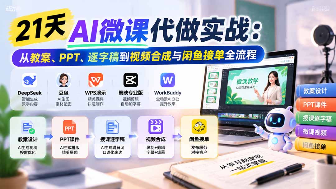 21天AI微课代做实战：从教案、PPT、逐字稿到视频合成与闲鱼接单全流程-梦清研习社