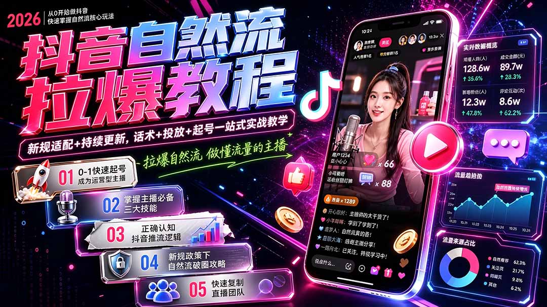 抖音自然流拉爆教程-更新8月：做懂流量的主播，新规适配+持续更新，话术+投放+起号一站式实战教学-梦清研习社