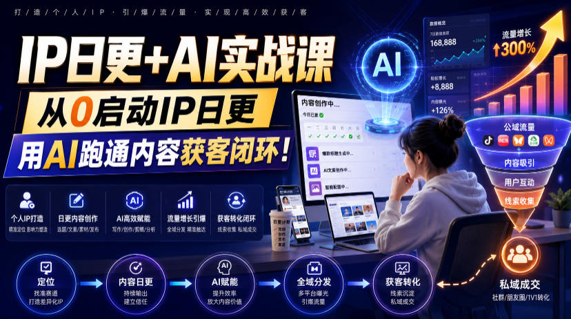 IP日更+AI实战课，从0启动IP日更，IP置顶视频制作+100条选题库搭建+10条日更规划，用AI跑通内容获客闭环!-梦清研习社