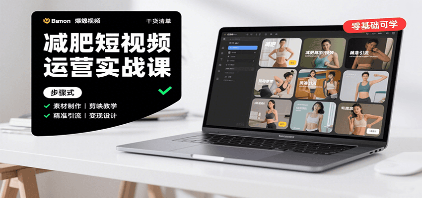 减肥短视频运营实战课:含素材制作、剪映教学,讲精准引流、变现设计与内容模板技巧-梦清研习社