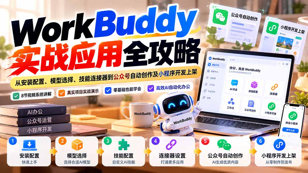 WorkBuddy 实战应用全攻略：从安装配置、模型选择、技能连接器到公众号自动创作及小程序开发上架-梦清研习社