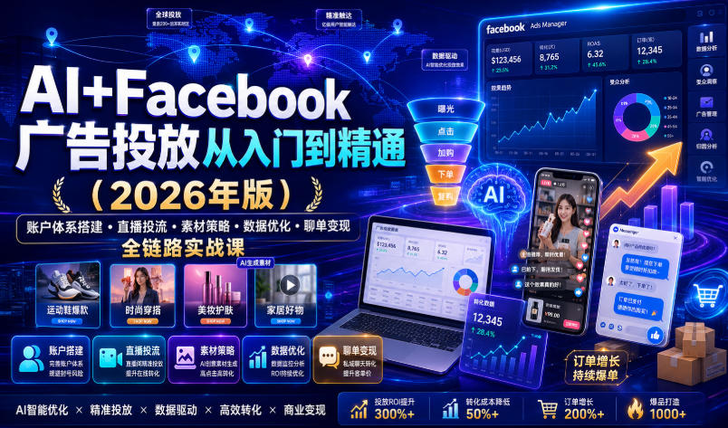 AI+Facebook广告投放从入门到精通(2026年版)｜账户体系搭建・直播投流・素材策略・数据优化・聊单变现全链路实战课-梦清研习社